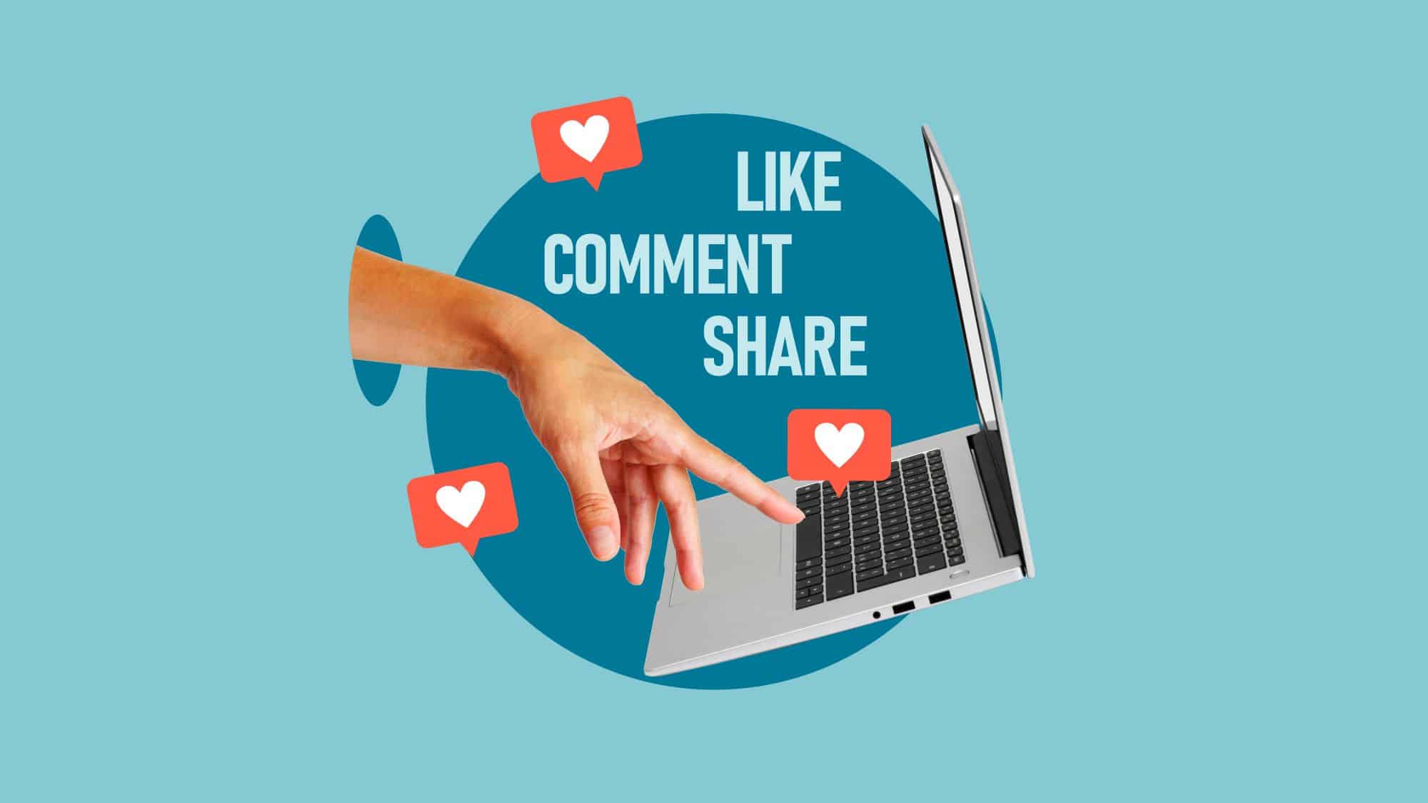 Computer with hand showing sharable content